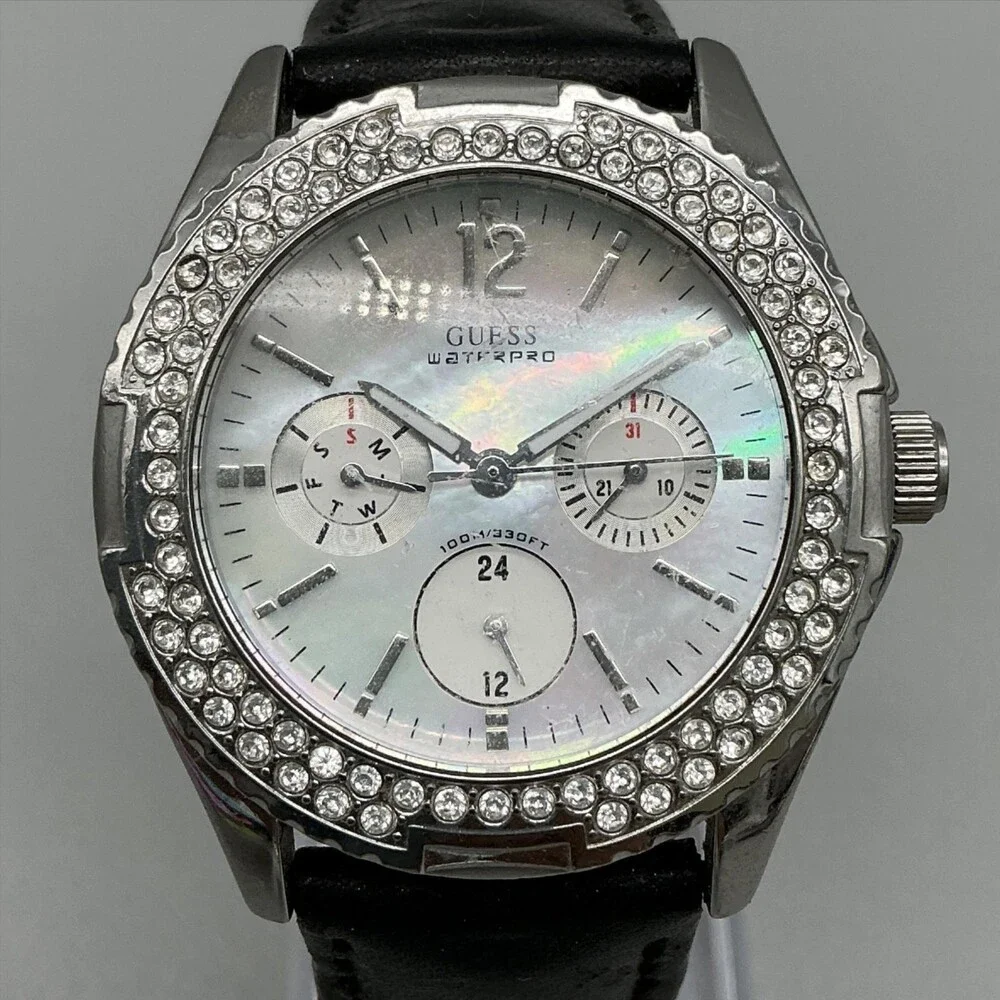 Guess Waterpro Womens Watch 38mm MOP Dial Black Leather Crystals New Battery